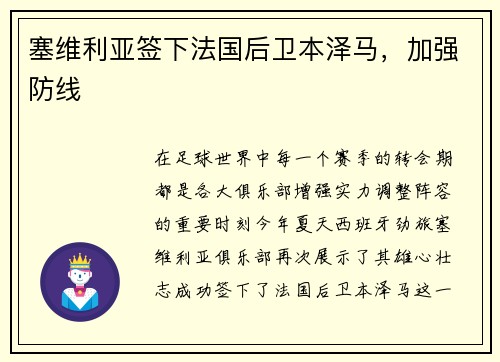 塞维利亚签下法国后卫本泽马，加强防线